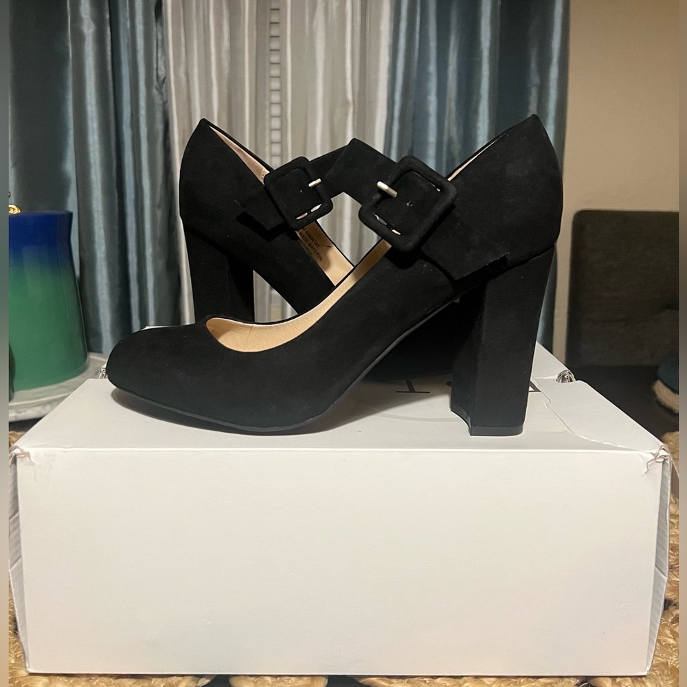 Black Suede Block Heel Mary Jane Pumps with Buckle Strap